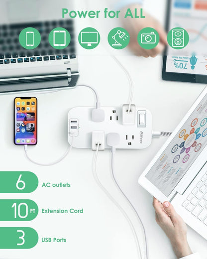 Power Strip - 10 FT Long Flat Plug Extension Cord, 6 Outlets 2 USB A 2 USB C Ports Outlet Extender with Overload Protection, Wall Mount, Desktop Charging Station for Home, Office and Dorm Essential