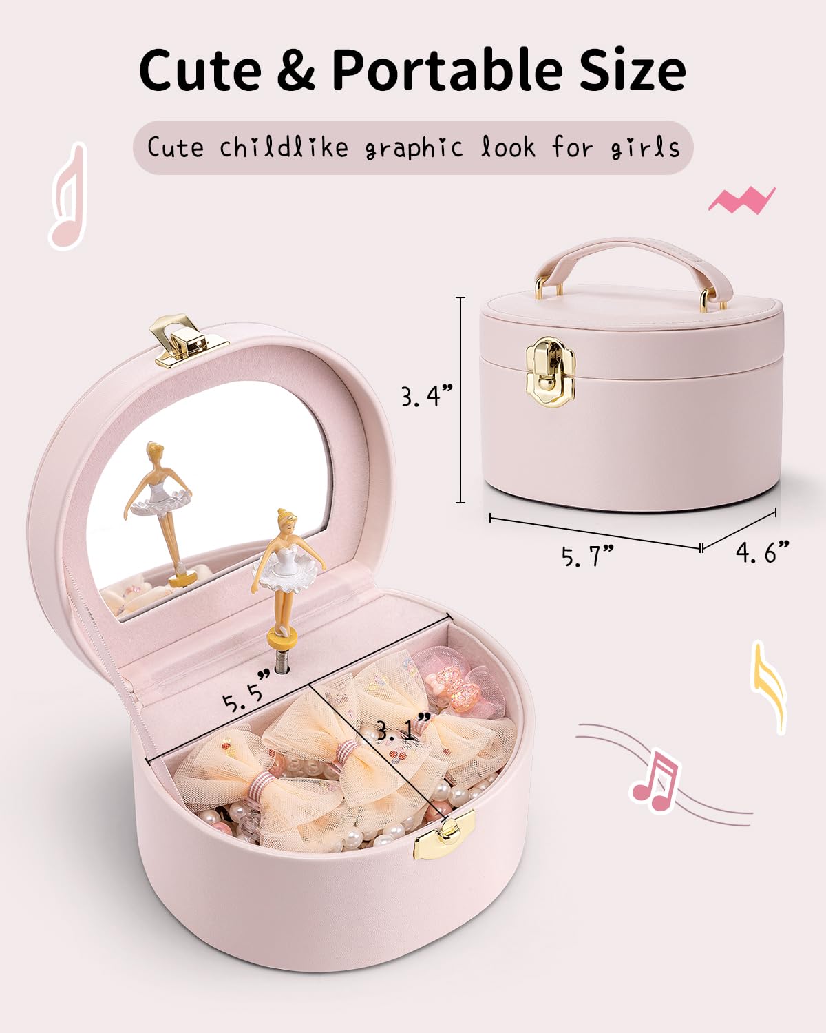Vlando Musical Jewelry Box for Girls - Valentines Day Gifts for Daughter Kids - Birthday for Girls Ages 4 5 6 7 8-12 Year Old - Kid Music Box with Ballerina for Birthday Bedroom Decor - Light Pink