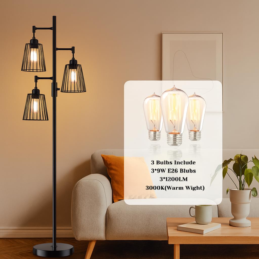 PESRAE Dimmable Industrial Floor Lamp, Farmhouse Floor Lamp Standing Lamp with 3 Elegant Teardrop Cage Heads & Included 3 x 1200LM Edison LED Bulbs, Tall Lamp for Living Room, Bedroom (Matte Black)