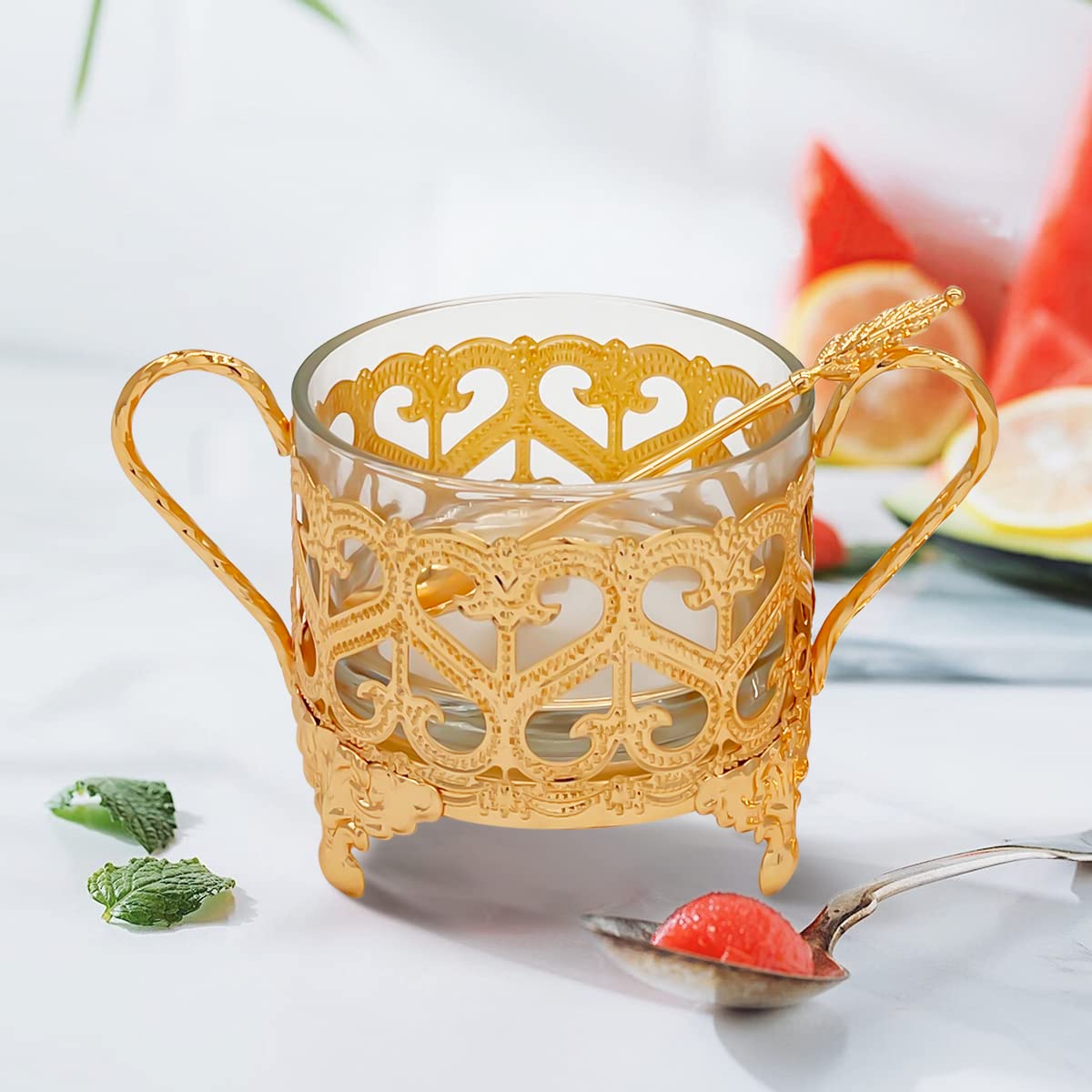 Flylin Sugar Bowl, Turkish Sugar Bowl Sugar with Sugar Spoon and Lid Dual Holder Bowl Condiment Pot Spice Glass Jar Coffee Bar Accessories Sugar Container for Home and Kitchen