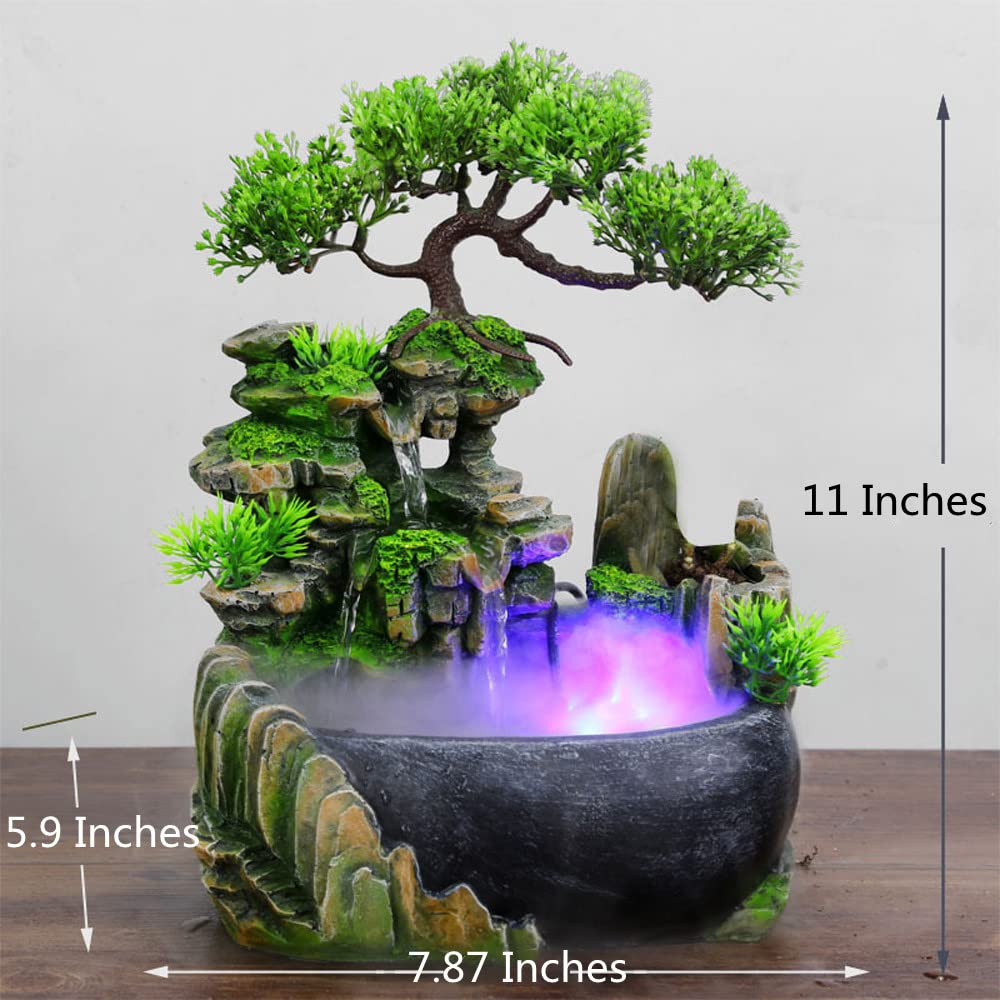 Desktop Fountain Waterfall with Light Rockery Fountain Zen Meditation Plants Stones LED Lamp Indoor Feature with Automatic Pump Relaxation Resin Planter for Office Decoration