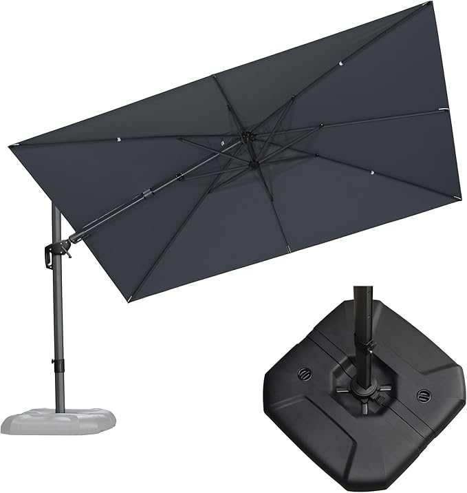 PURPLE LEAF 11.5' X 8.2' Tilting Patio Umbrella with Base Outdoor Cantilever Swivel Rectangle Umbrella Aluminum Offset Umbrella with 360-degree Rotation for Garden Deck Pool Patio Light Grey