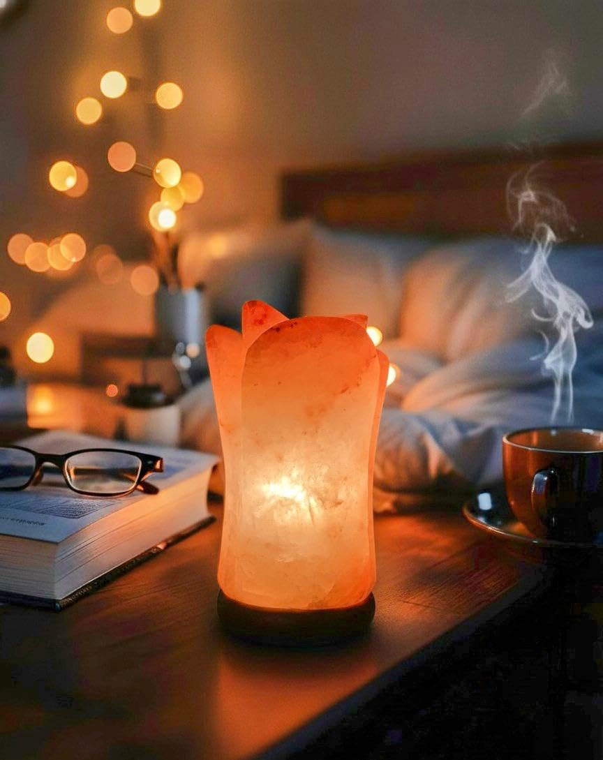 NatureBoost Himalayan Pink Salt Lamp – Flower Shape – Hand-Carved Natural Crystal Salt Rock with Wooden Base Ideal Gift & Home Décor