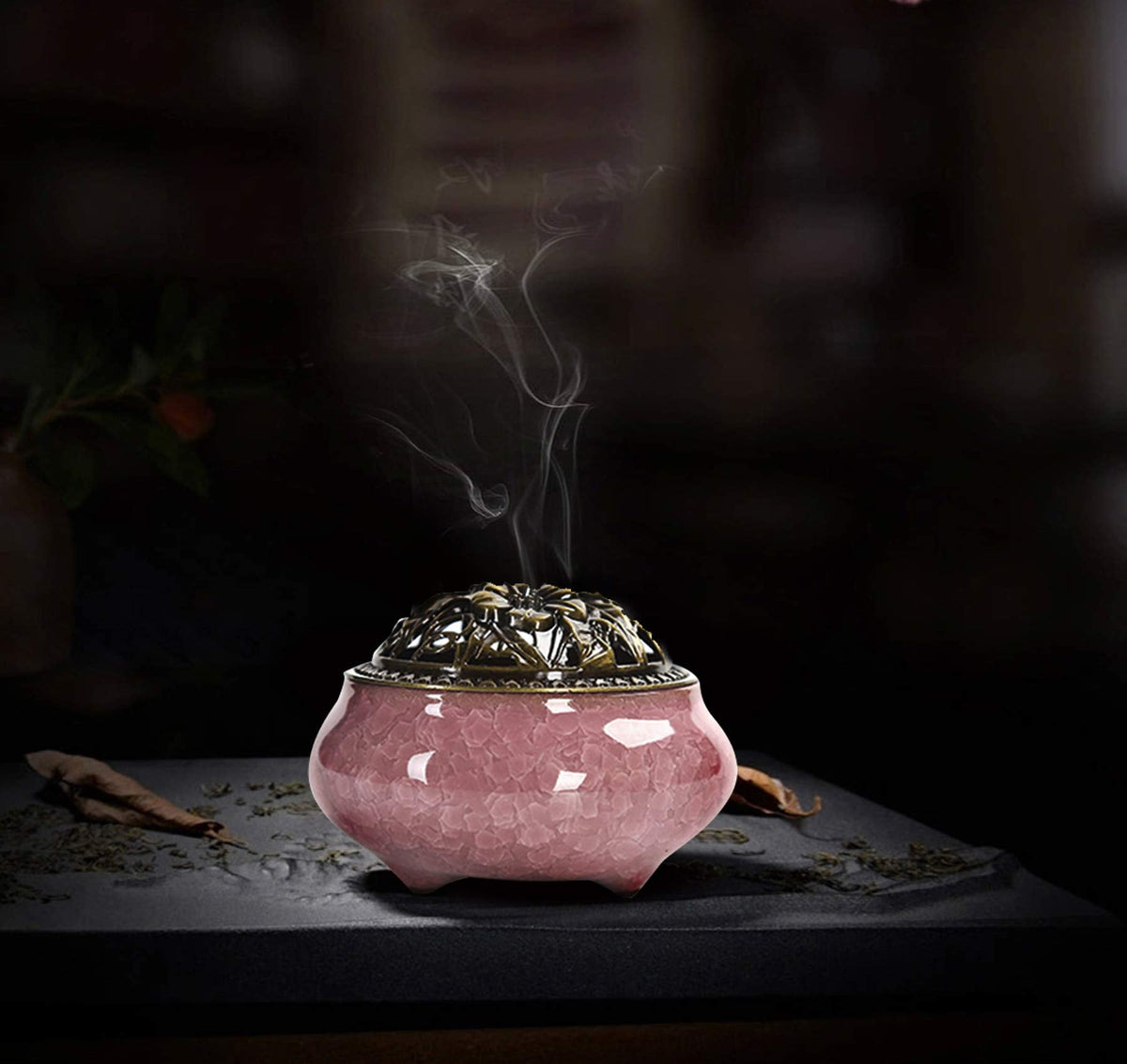Ceramic Incense Burner with Calabash Incense Holder, 3 in 1 Stick or Cone Coil Incense Burner, Brass Lid for Yoga Spa Meditation