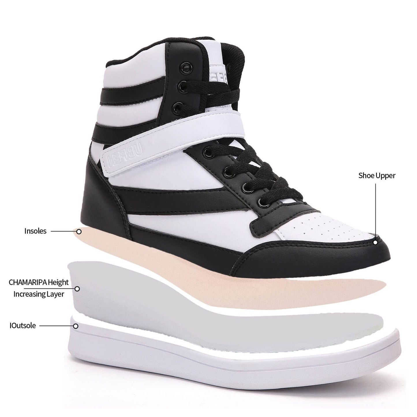 UBFEN Womens High Top Ankle Support Sneakers Black White Hidden Wedge Heel Retro Halloween Party Tennis Shoes for Girls Cosplay Removable Insole Footwear Size 7.5