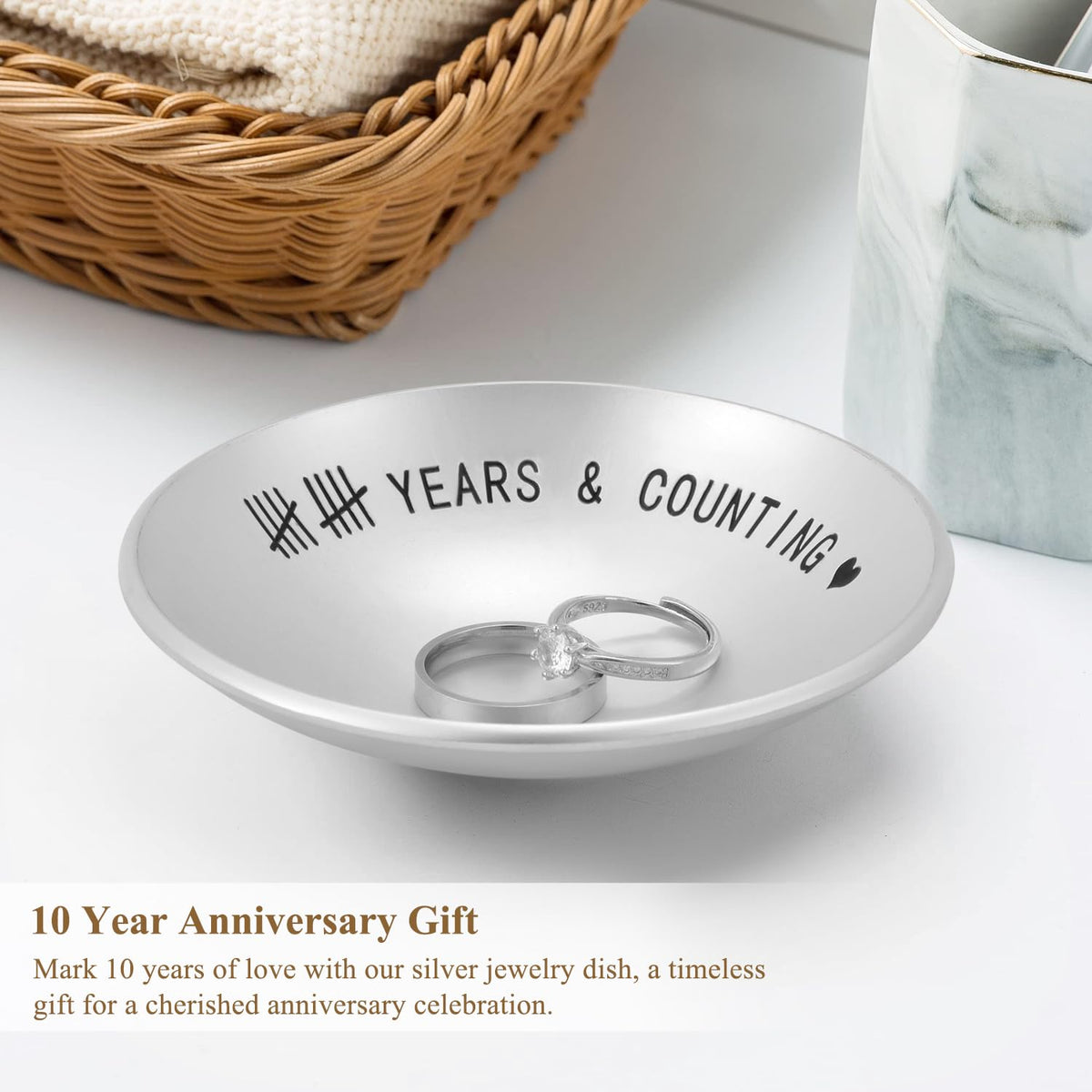 Urllinz 10 Year Anniversary Tin Gifts for Him - 10th Wedding Anniversary Jewelry Tray for Wife Couple Husband Her, Sliver Ring Holder Dish & Card & Gift Box, 4"