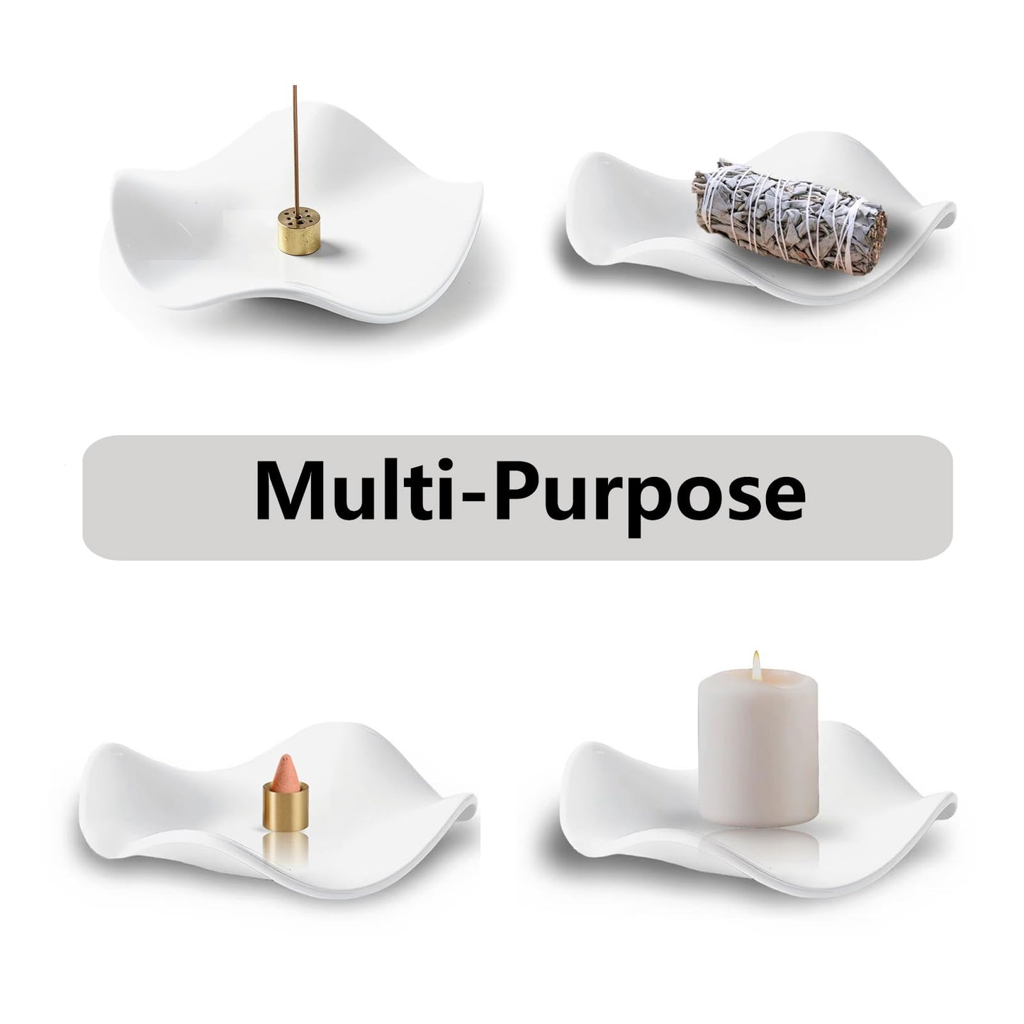 6.7 "Ceramic Incense Burner for Incense/Coil,Wavy Base with Brass -Incense Holder for Sticks,with Ash Catching Bowl for Meditation Yoga and Home Decoration (White)