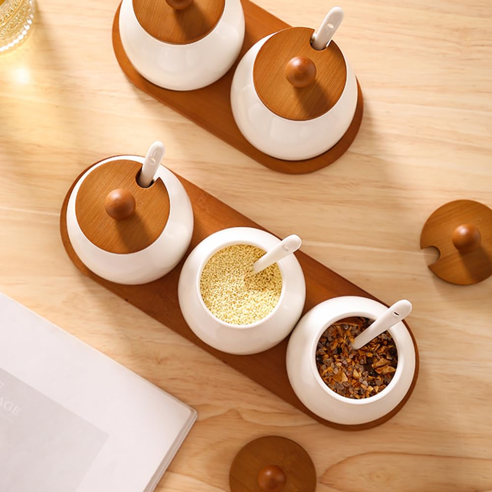 ANQIA Porcelain Condiment Jar Set Spice Jars with Wooden Lids and Tray Ceramic Spice Container with Spoons for Sugar, Salt,Tea, Spices, Coffee (Set of 2)