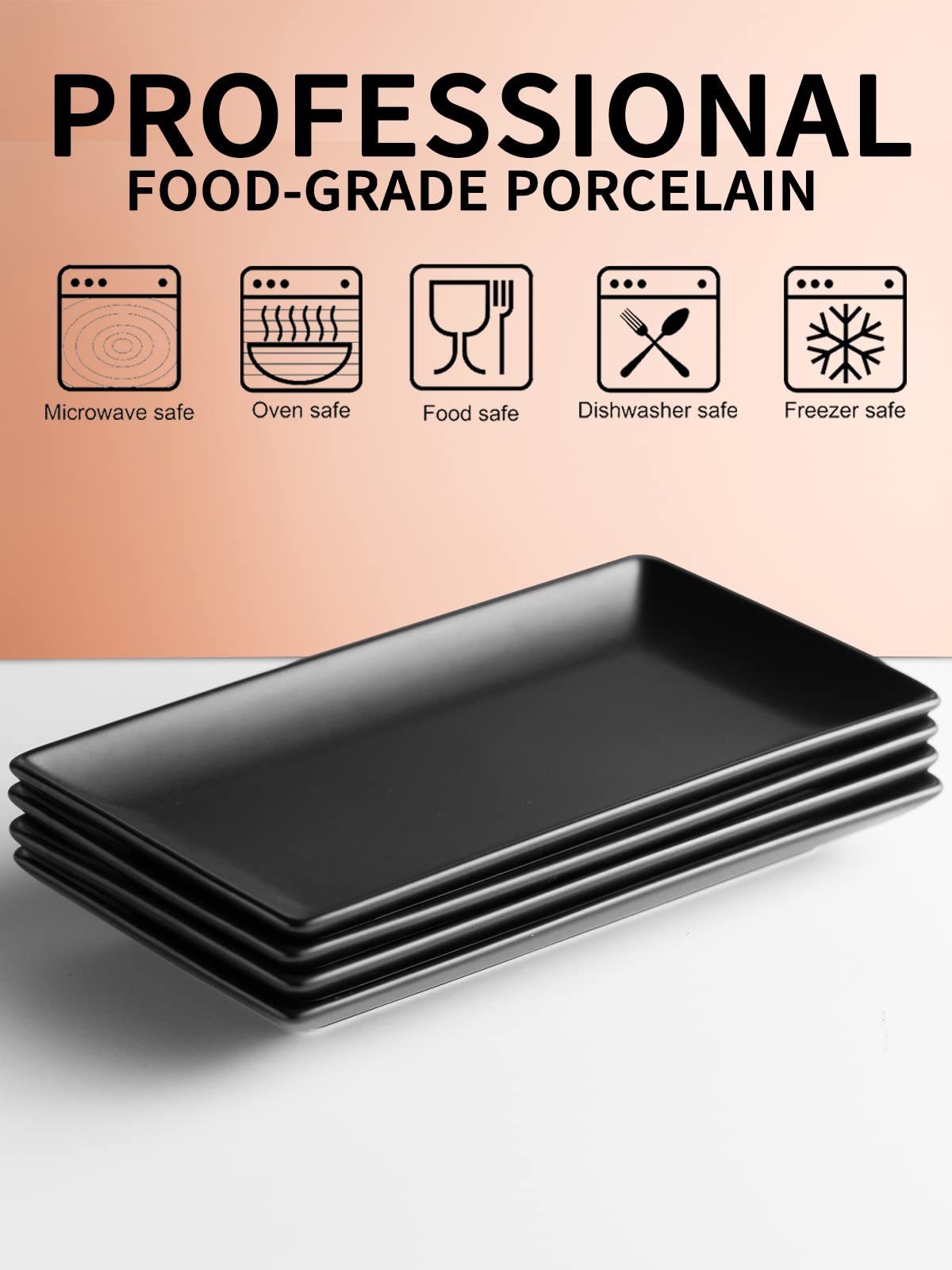 Gomakren Black Serving Platter Set of 4 Porcelain Serving Plates Rectangular Halloween Serving Dishes and Platters Serving Trays for Party Appetizer Sushi, 10 Inch Black Serveware Thanksgiving Gifts