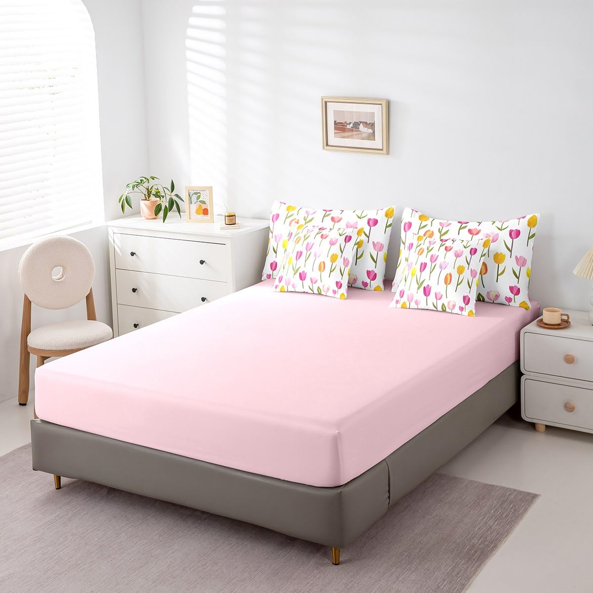 Erosebridal Tulips King Comforter Set 7 Piece for Kids Teen Women,Pink Yellow Tulips Flowers Bedding Set,Spring Summer Plants Floral Bed in A Bag Romantic Watercolor Botanical Bed Set