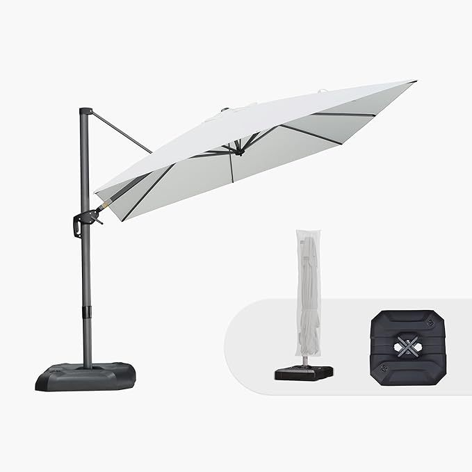 PURPLE LEAF 9'×9' Patio Umbrella with Base Outdoor Cantilever Umbrella with Cover Aluminum Square Offset Umbrella with 360-degree Rotation for Deck Pool Garden White