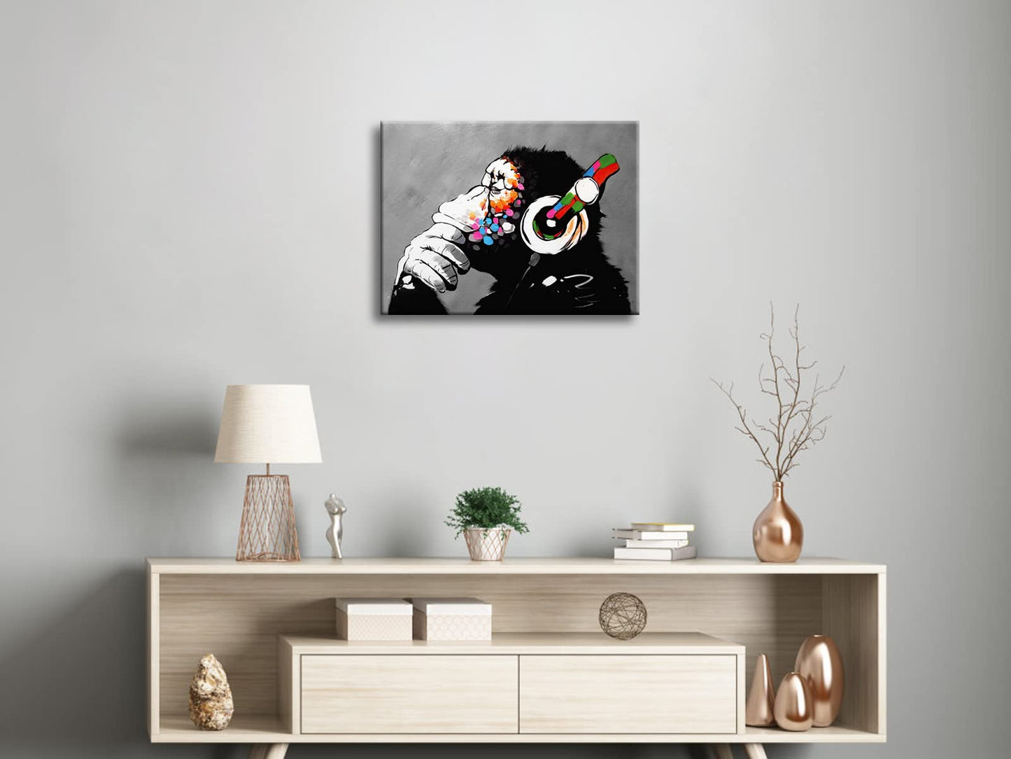 Wieco Art Black Framed Monkey With Headphones Banksy Graffiti Art Abstract Canvas Paintings Prints Animal Canvas Wall Art for Wall Decor and Home decorations Office Decor