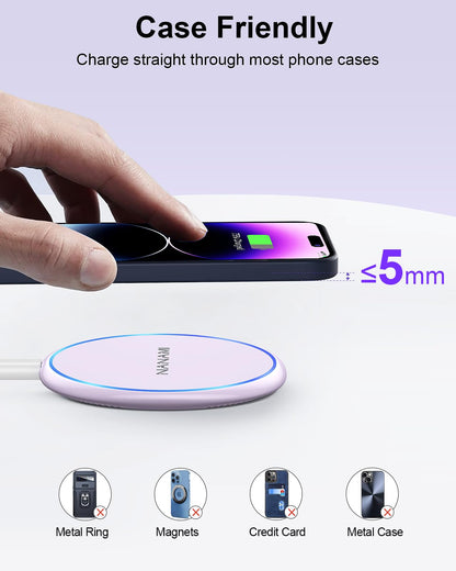 NANAMI 10W Max Wireless Charger Pad, Fast Charging Compatible with iPhone 17/16/15/14/13/12/11/SE Series, Samsung Galaxy S26/S25/S24/S23/S22/S21/S20, AirPods 2/3 - Adapter Required (Sold Separately)