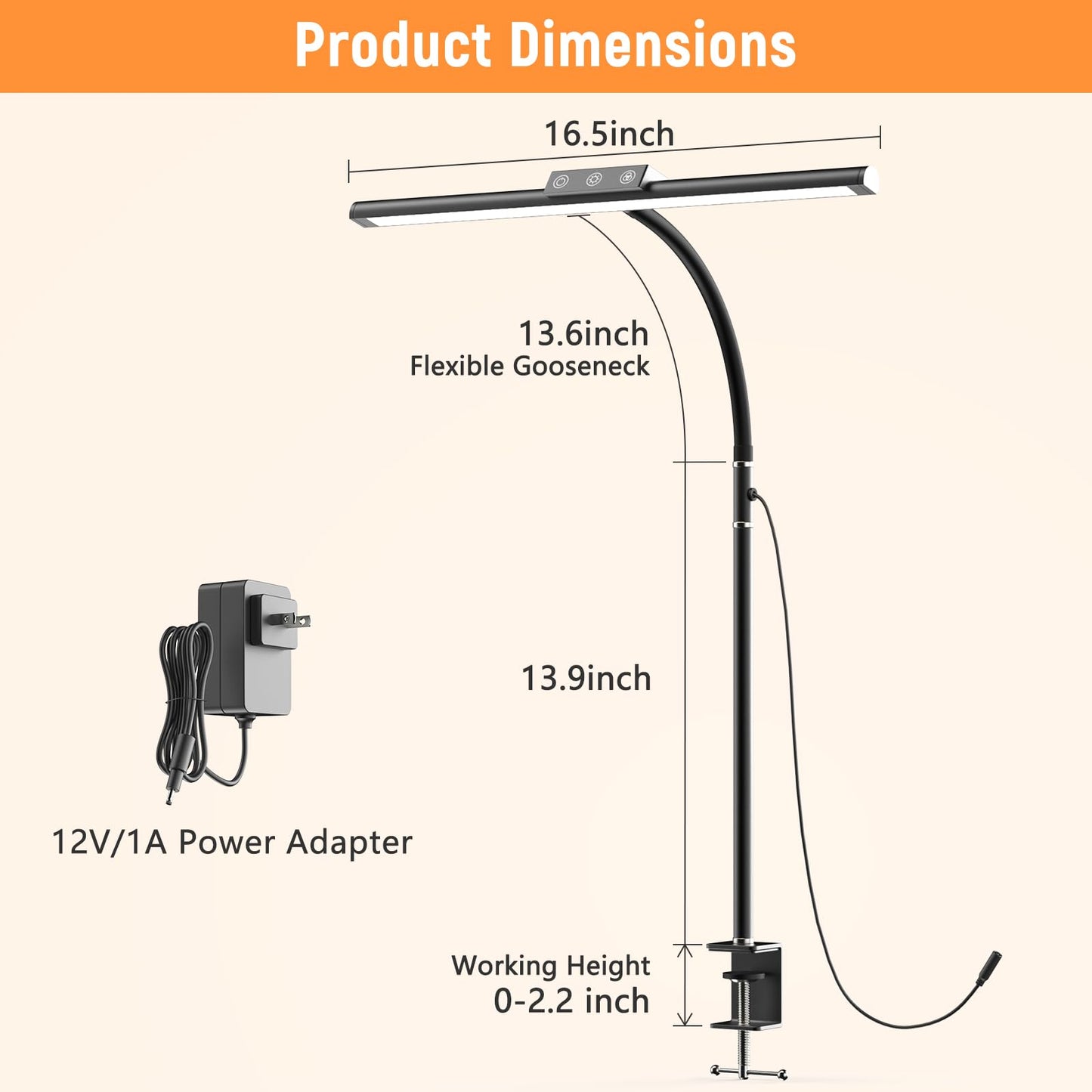 LED Desk Lamp for Home Office, Flexible Gooseneck Desk Lamp with Clamp, 5 Color Touch Control Stepless Dimming Adjustable Eye-Caring Desk Light with Adapter for Reading, Study, Workbench (Black)