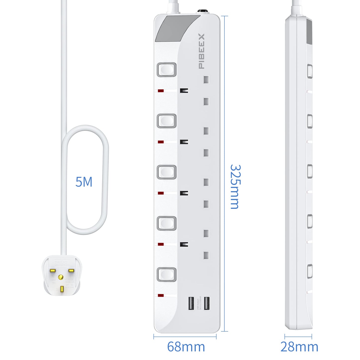 5M Extension Lead with Individual Switches, 13A 4 Way Power Strip 2 USB Lead with USB Slots Multi Plug Socket Extensions 5 Meters Long Extension Cord