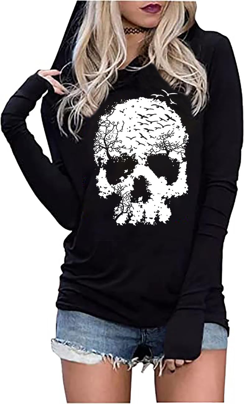 FCHICH Skull Hoodie Tshirt Women Vintage Gothic Graphic Tees Halloween Hoodies Casual Fall Long Sleeve Pullover Tops (M, Black)