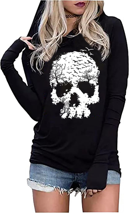 FCHICH Skull Hoodie Tshirt Women Vintage Gothic Graphic Tees Halloween Hoodies Casual Fall Long Sleeve Pullover Tops (M, Black)