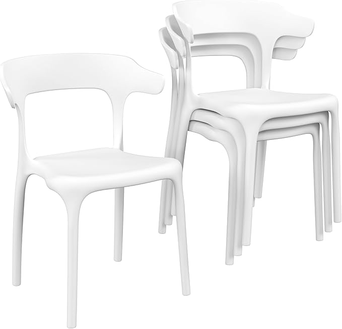 VECELO 4 Pack Plastic Stacking Chairs, Stackable Dining Chairs for Kitchen Restaurant Patio, Portable Indoor Outdoor Use, No Assembly Required, White
