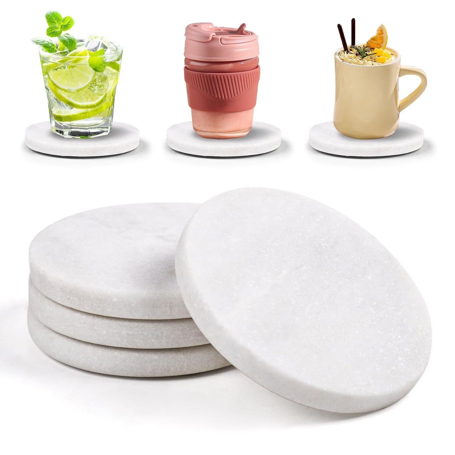 White Marble Coasters with Bling Particles, Set of 4 - Natural Marble Stone Drink Coaster with Protective Silicone Feet, 4 inch Diameter, 0.4 inch Thick - Heat-Resistant Coasters for Coffee Table