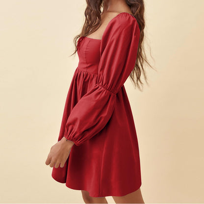 EXLURA Womens 2024 Casual Long Puff Sleeve Dress A-Line Square Neck Short Mini Dress Red
