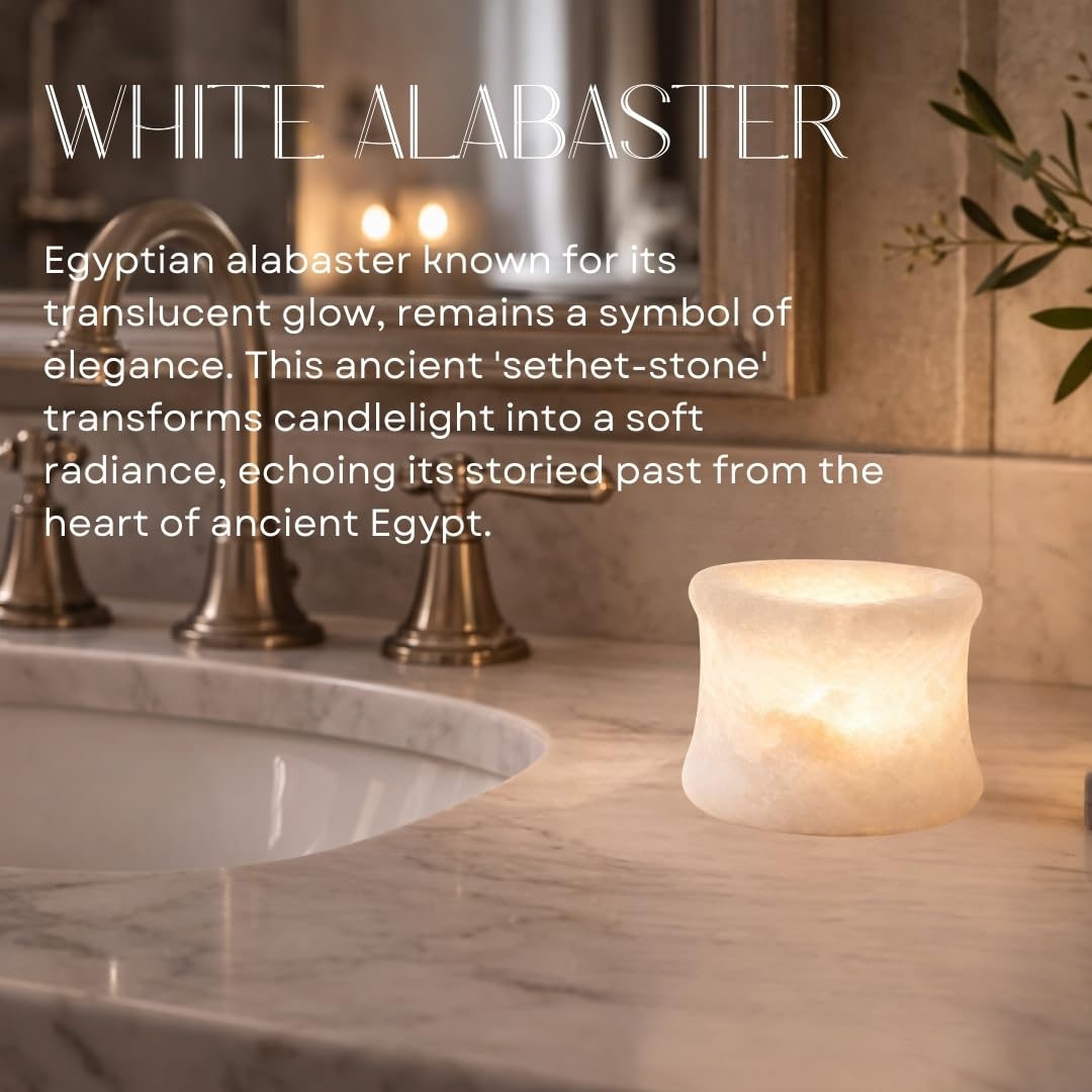 Single White Alabaster Candle Holder - Egyptian Tealight and Votive Candles Holders with Amber Glow for Home Décor - Natural Stone Soothing Tranquil