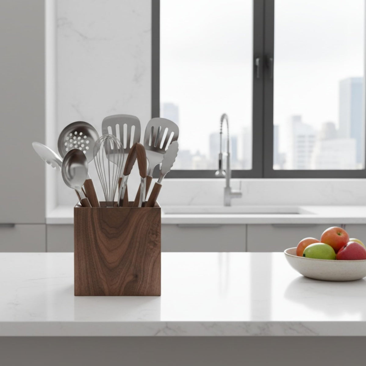 IVE Design Walnut Utensil Holder for Kitchen Wood Utensil Crock Wood Utensil Holder