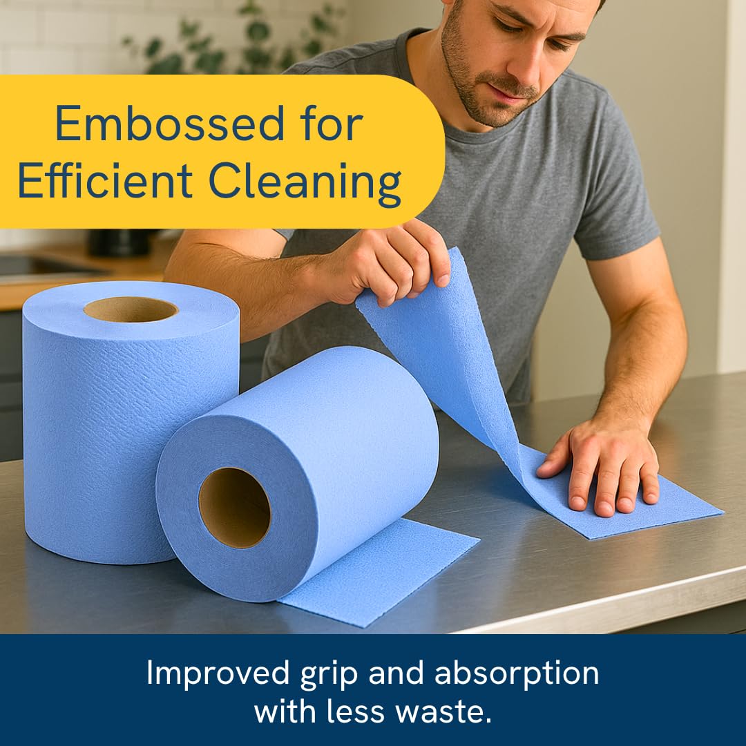 Blue Roll 2 Ply – Centre Feed Paper Towel Roll | 18 Pack | Strong, Absorbent Cleaning Roll for Kitchen, Industrial & Commercial Use | Embossed Wipe Tissue for Dispensers