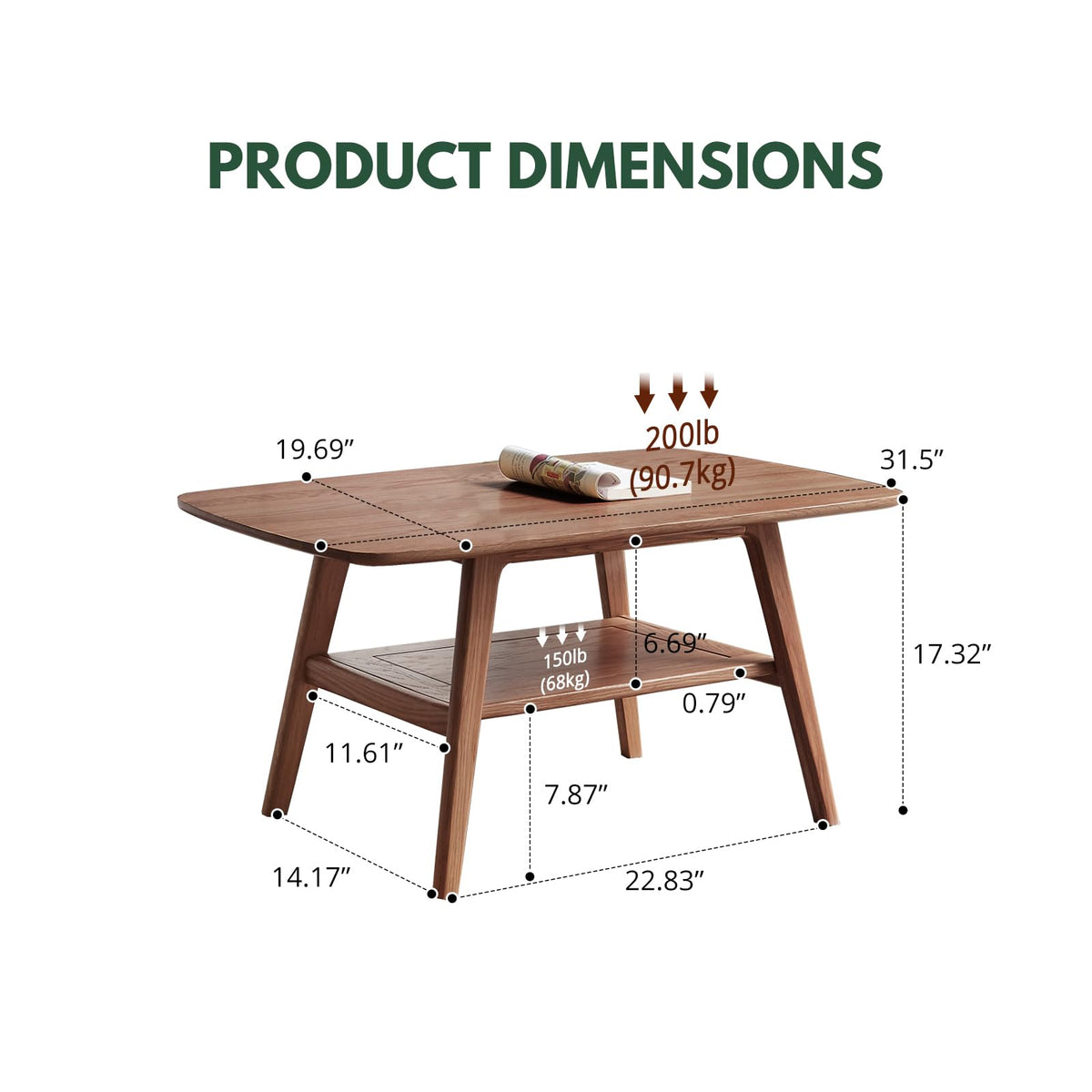 Bamskov Mid Century Modern Coffee Table: 100% Solid Wood Coffee Table - 2-Tier Storage Design - Space Saving Small Coffee Tables for Living Room, Apartment (Walnut, 31.49")