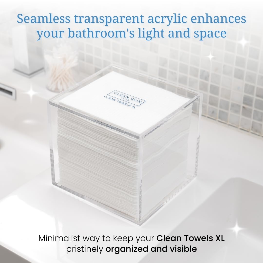 CLEAN SKIN CLUB Clear Acrylic Box for Clean Towels XL (NOT Included), Container For 50 Disposable Clean Towels XL, Face Towelettes Bathroom Counter Storage, Bin for Cleansing Facial Dry Wipes
