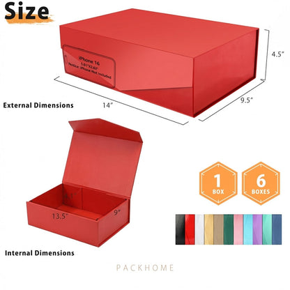 PACKHOME Mothers Day 6 Large Gift Boxes with Lids 13.5x9x4.1 Inches, Sturdy Collapsible Gift Boxes with Magnetic Closure for Gift Packaging (Glossy Red)