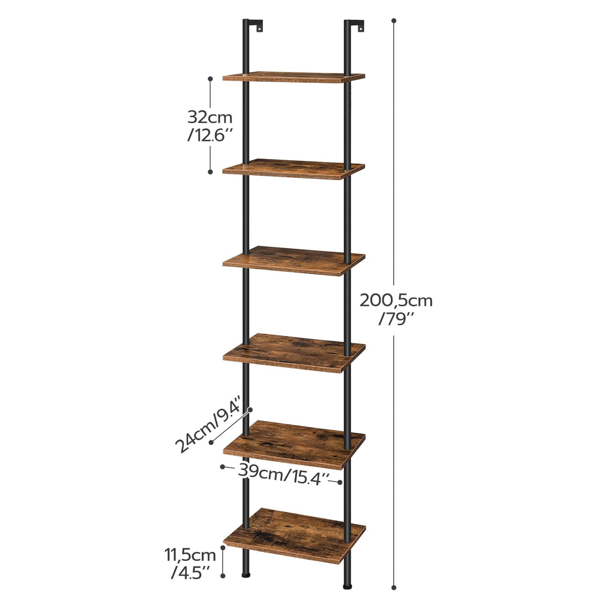 HOOBRO DIY Ladder Shelf, 6-Tier Wooden Wall Mounted Bookshelf, Narrow Bookcase, Display Shelf, Storage Rack, Plant Stand, for Living Room, Bedroom, Study, Balcony, Rustic Brown and Black BF651CJ01