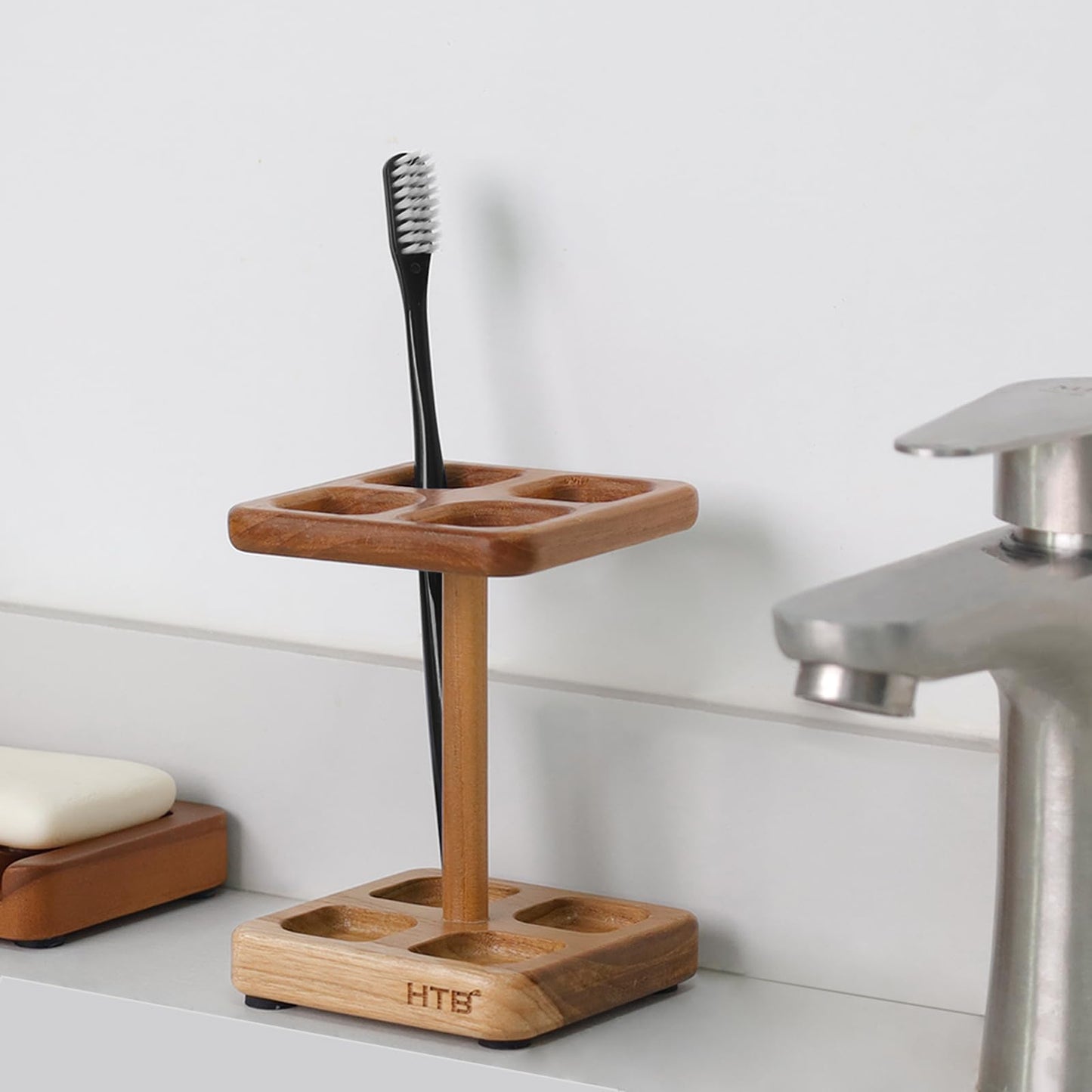 HTB Toothbrush Holders for Bathrooms,Teak Toothbrush Organizer Storage for Countertop,Tooth Brush Stand for Makeup Brush,Razor,Bathroom Accessories