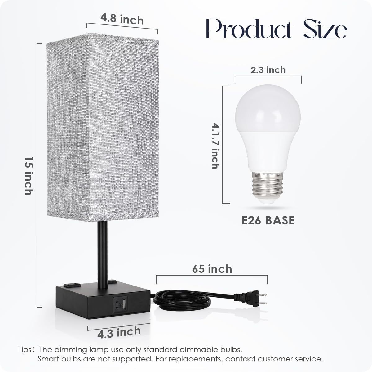 Bedside Table Lamps Set of 2 - Touch Nightstand Lamp for Bedroom with USB C+A Charging Ports & AC Outlets, 3-Way Dimmable Desk Lamp Grey Fabric Shade for Bedroom Living Room, Office(Bulb Included)