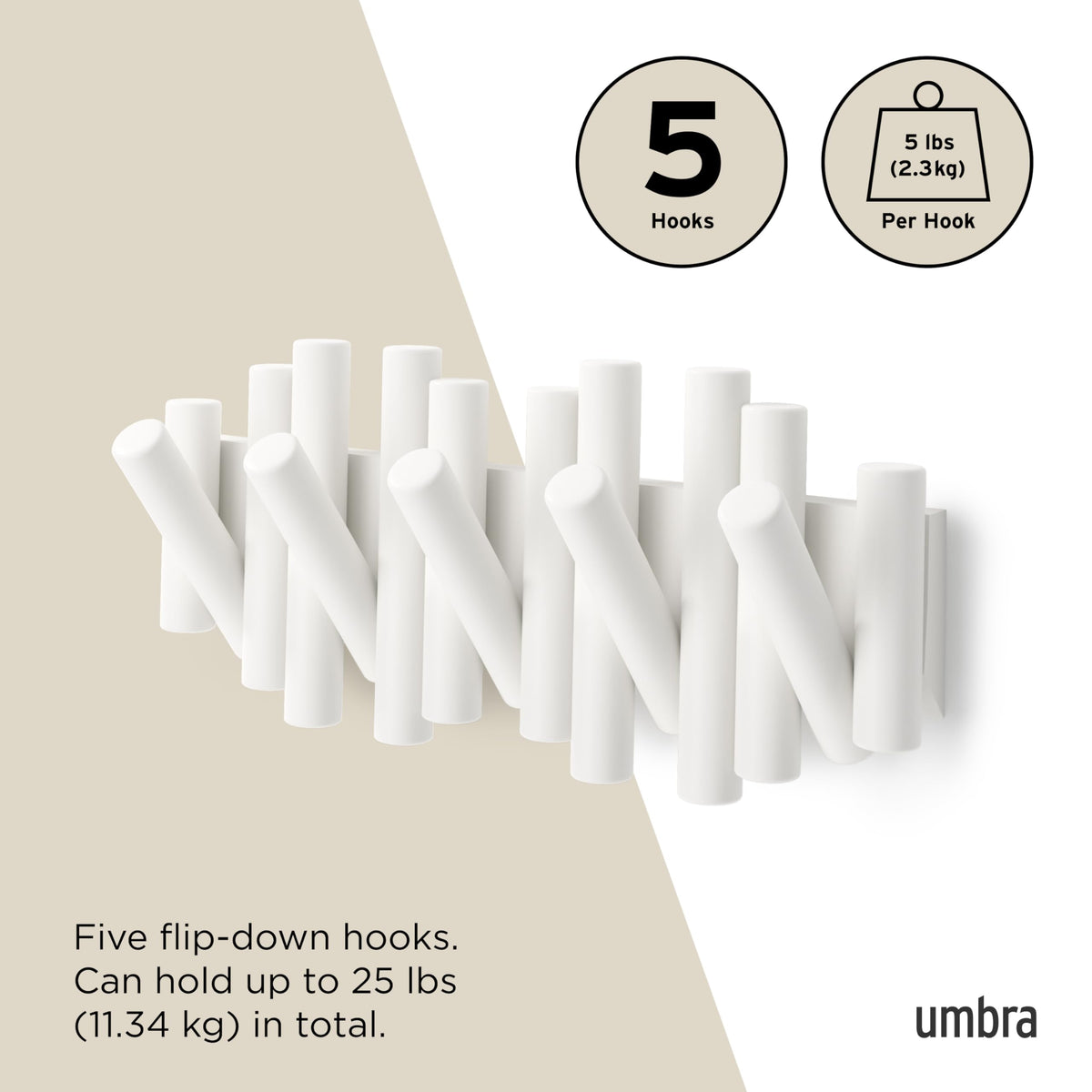 Umbra Picket Wall-Mounted Coat Rack Rail Hook with 5 Retractable Wood Pegs – Modern, Space-Saving Storage Organizer, White