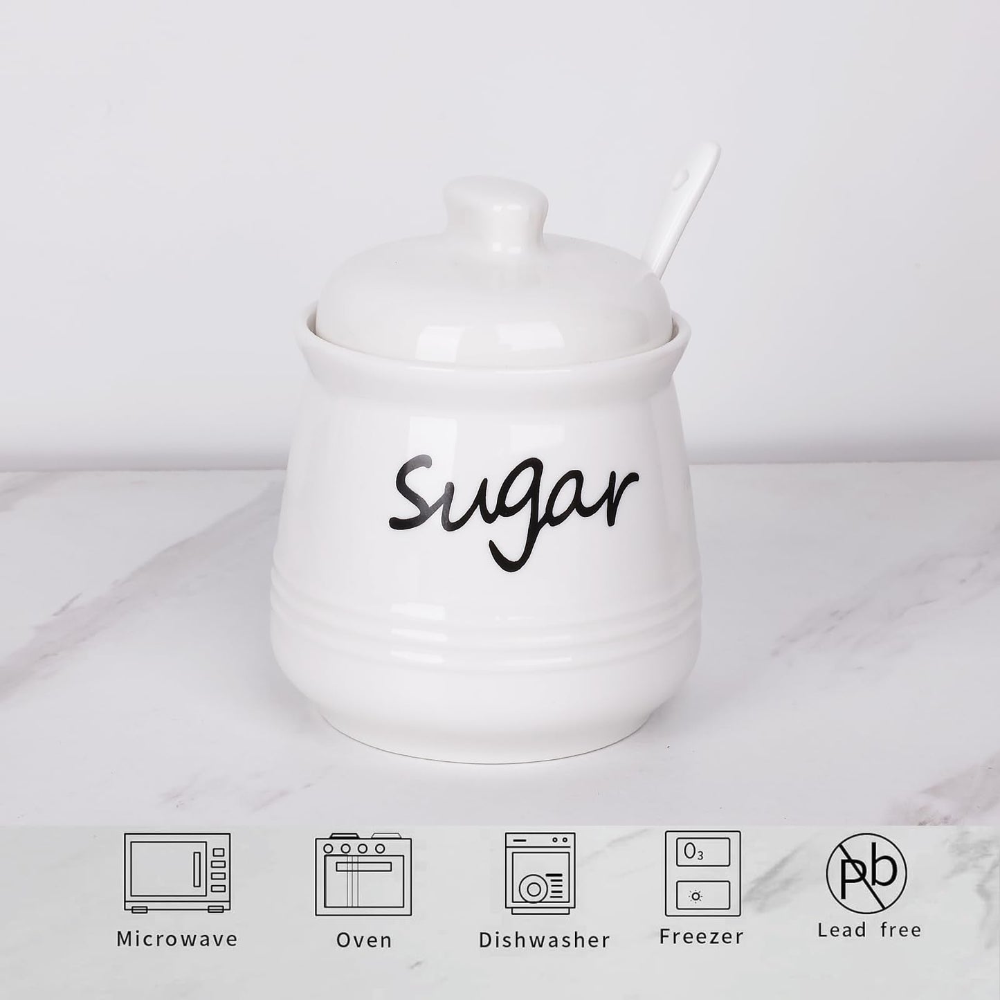 HAOTOP Ceramic Sugar Bowl with Lid and Spoon, 12oz Sugar Jar Sugar Dispenser Sugar Container Coffee Bar Accessories, Kitchen Countertop Canisters, White