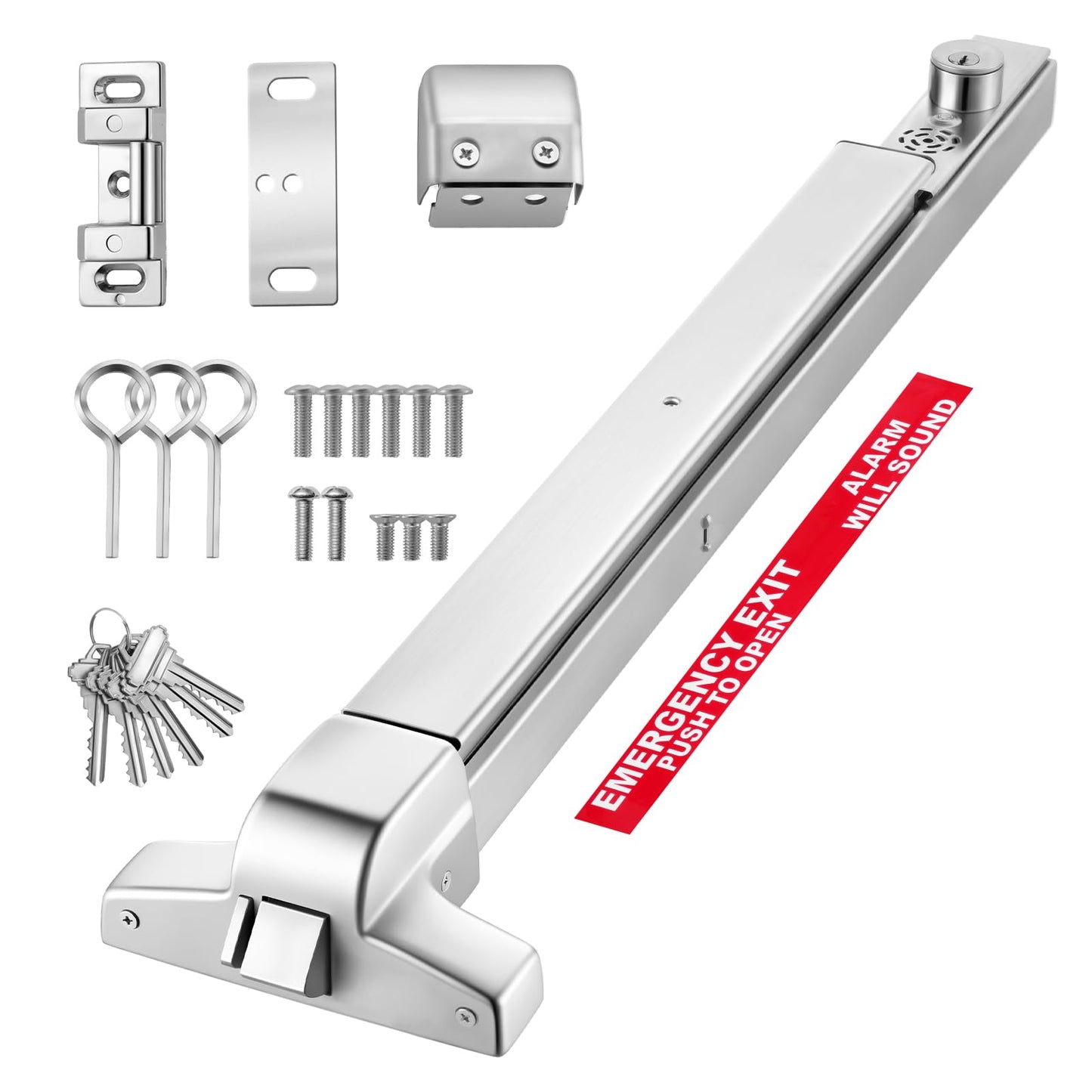 VEVOR Push Bar Panic Exit Device, 31" Stainless Steel Commercial Panic Bar for Exit Doors, Emergency Exit Door Hardware with Auto Alarm System and Sticker, for 31"-46" Wood or Metal Door, Silver