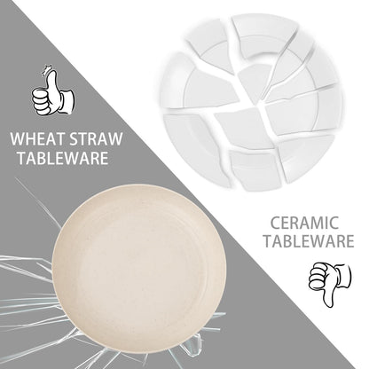 LIYH 32 Pcs Beige Wheat Straw Dinnerware Set for 8, Plastic Plates and Bowls Set, Unbreakable Dishes Set for 8, Dishwasher & Microwave Safe Reusable