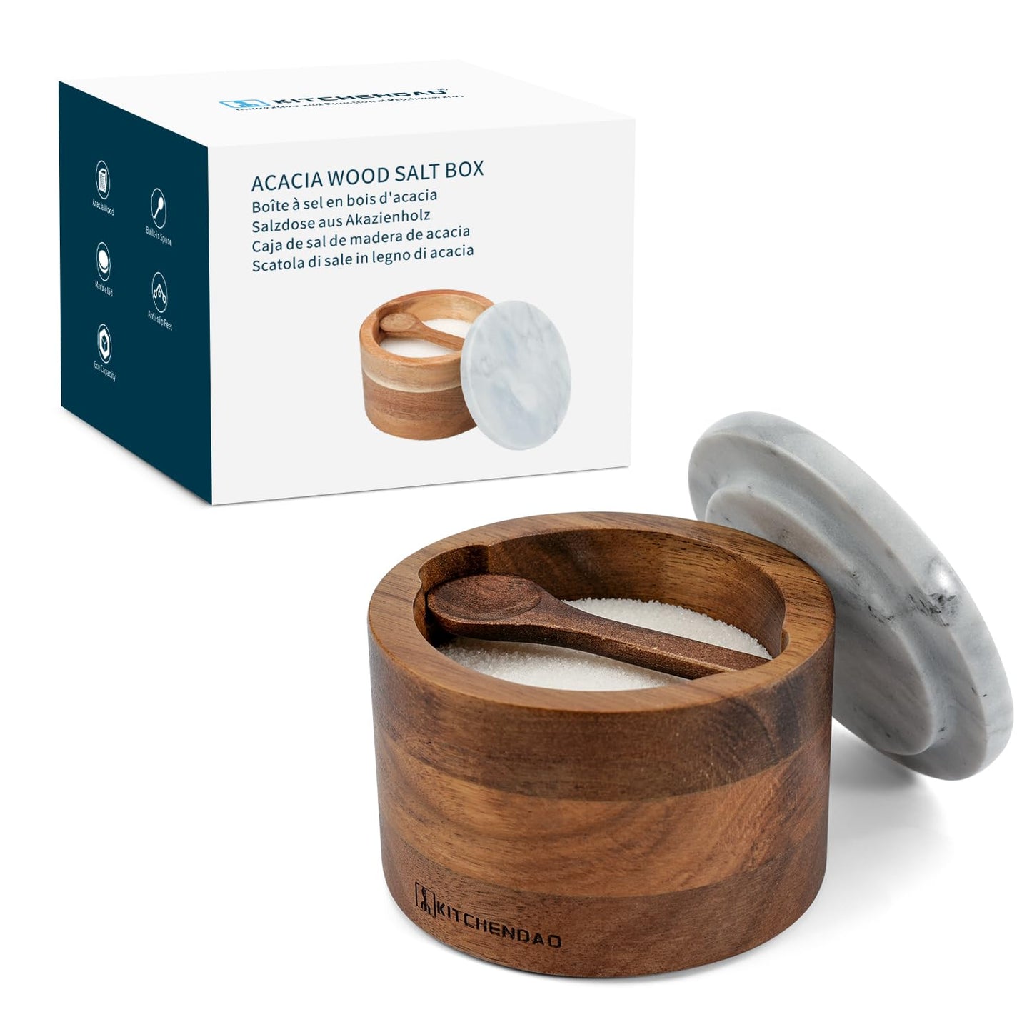 KITCHENDAO Acacia Salt Cellar Box Bowl with Built-in Spoon and Marble Lid, Solid Natural Acacia Wood Bath Sea Salt Container, Elegant Modern Grey and White Marble Lid Spice Bowl, 6oz Capacity