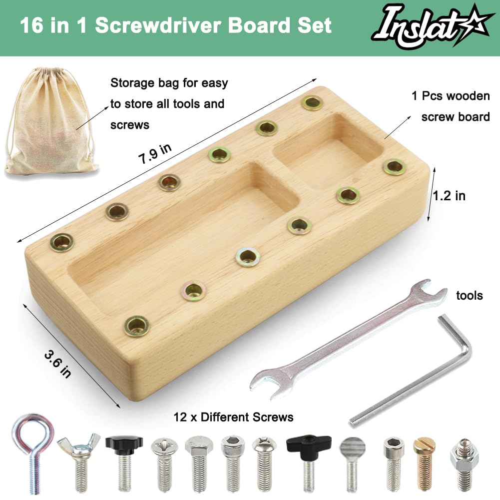 Inslat Montessori Screwdriver Board Set, Wooden Montessori Toy Tool for 3 4 5 Year Old Kids, Educational Screw Board Sensory Learning Toys STEM Fine Motor Skills Toys