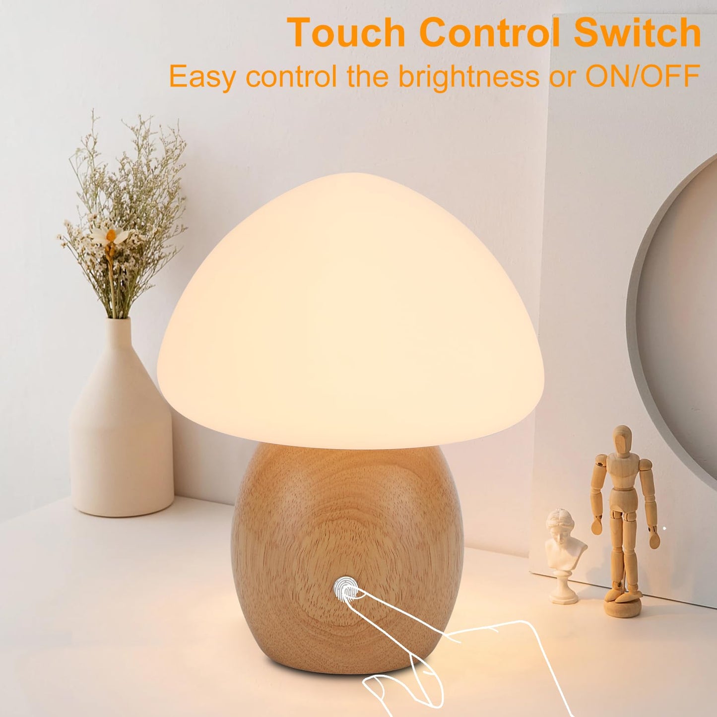 BNYFDC Mushroom Lamp with Touch Control Switch, Small Wooden Table Lamp with Glass Shade, 3 Way Dimmable Nightstand Lamp for Bedroom, G9 LED Bulb Included (Nature Wood&Opal White Glass Shade)