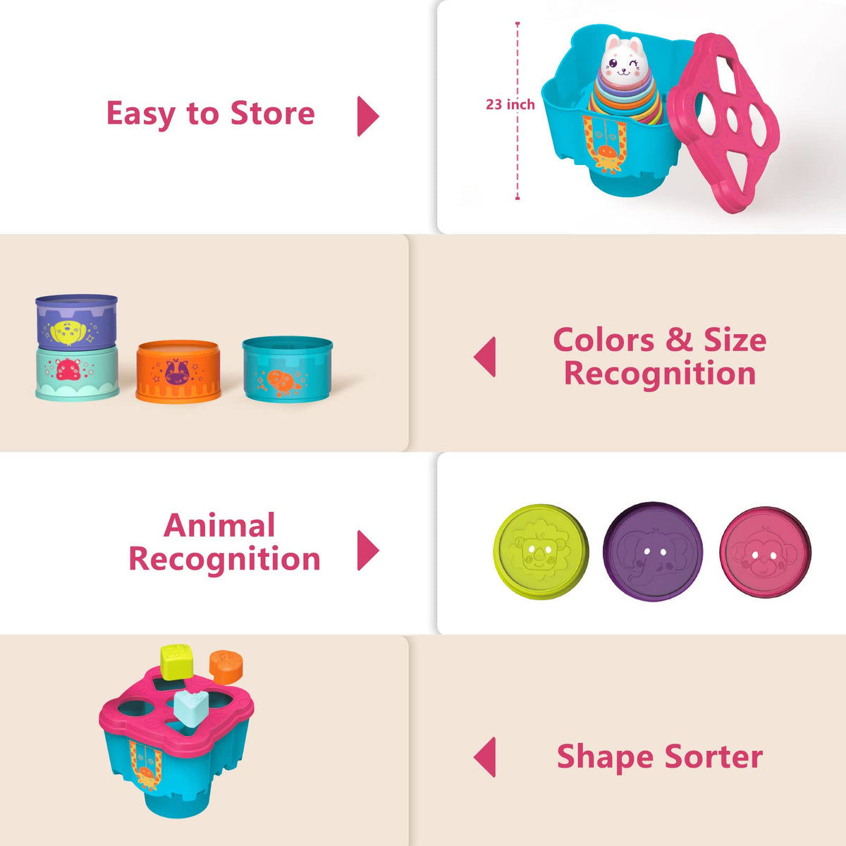 LTKFFFdp Baby Stacking Toys for Toddlers 1-3, Nesting Cups Shape Sorter for Infant 6 to 12-18 Month, Stackable Learning Toy with Blocks, Rattle & Frog Bath Toy, for Girl Boy Birthday