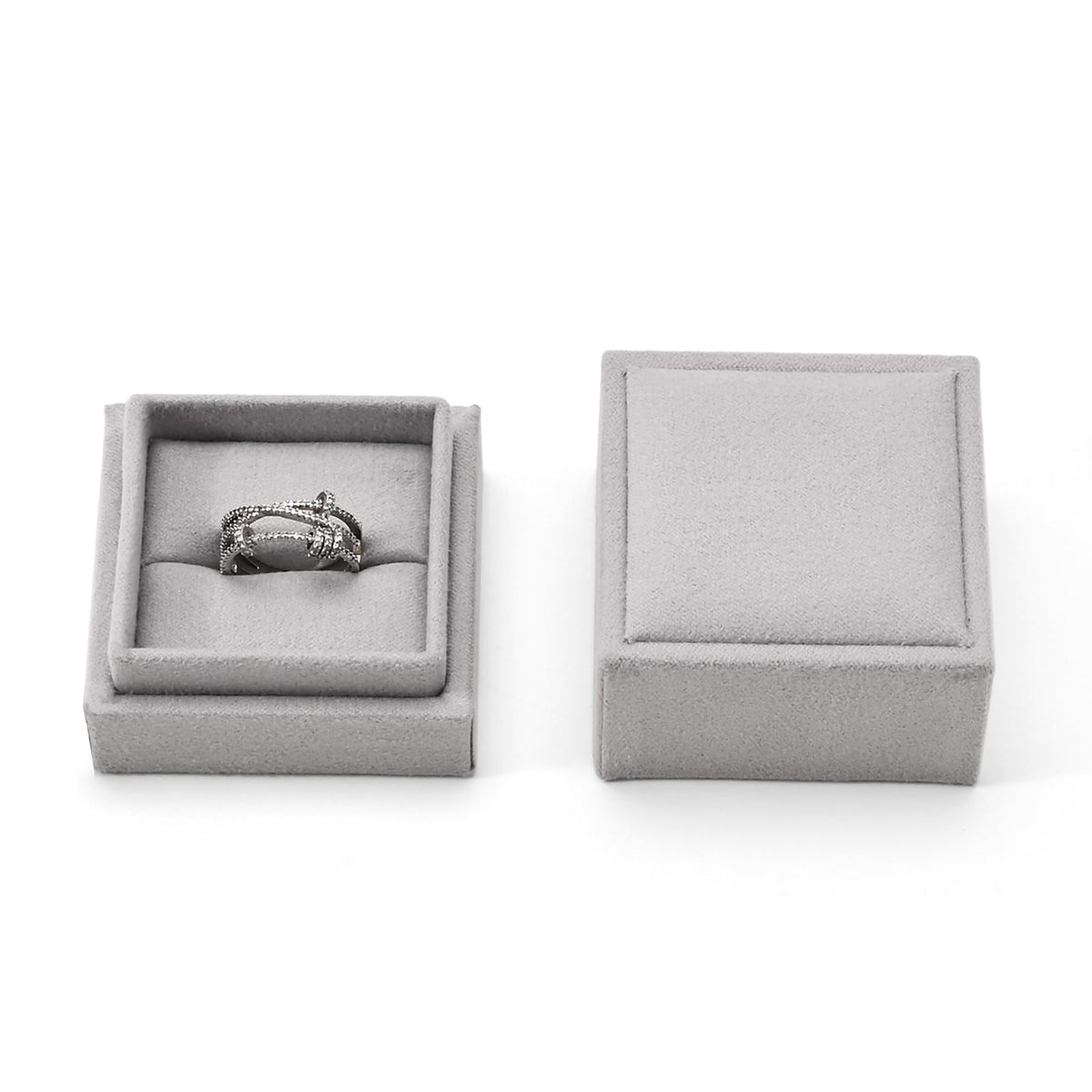 Papten Velvet Ring Gift Box with Outer Packaging Box, Included Blank Greeting Card, Perfect for Wedding Proposal Engagement (Grey)