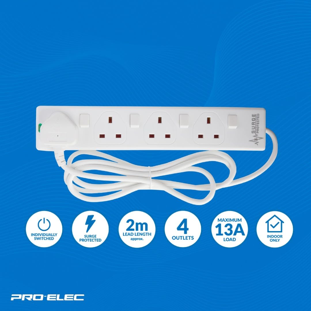 pro elec plpl15330pl 2 m Switched and Surge Protected 4 Gang Extension Lead white