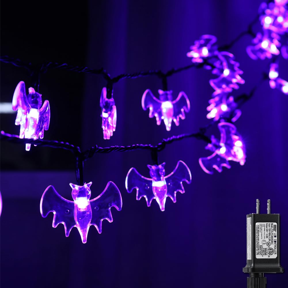 RECESKY 70 LED Bat String Lights - 22.6ft Purple Halloween String Light with Auto Timer, Extendable, 8 Modes – Waterproof Spooky Lighting for Outdoor Garden Holiday House Halloween Party Decorations