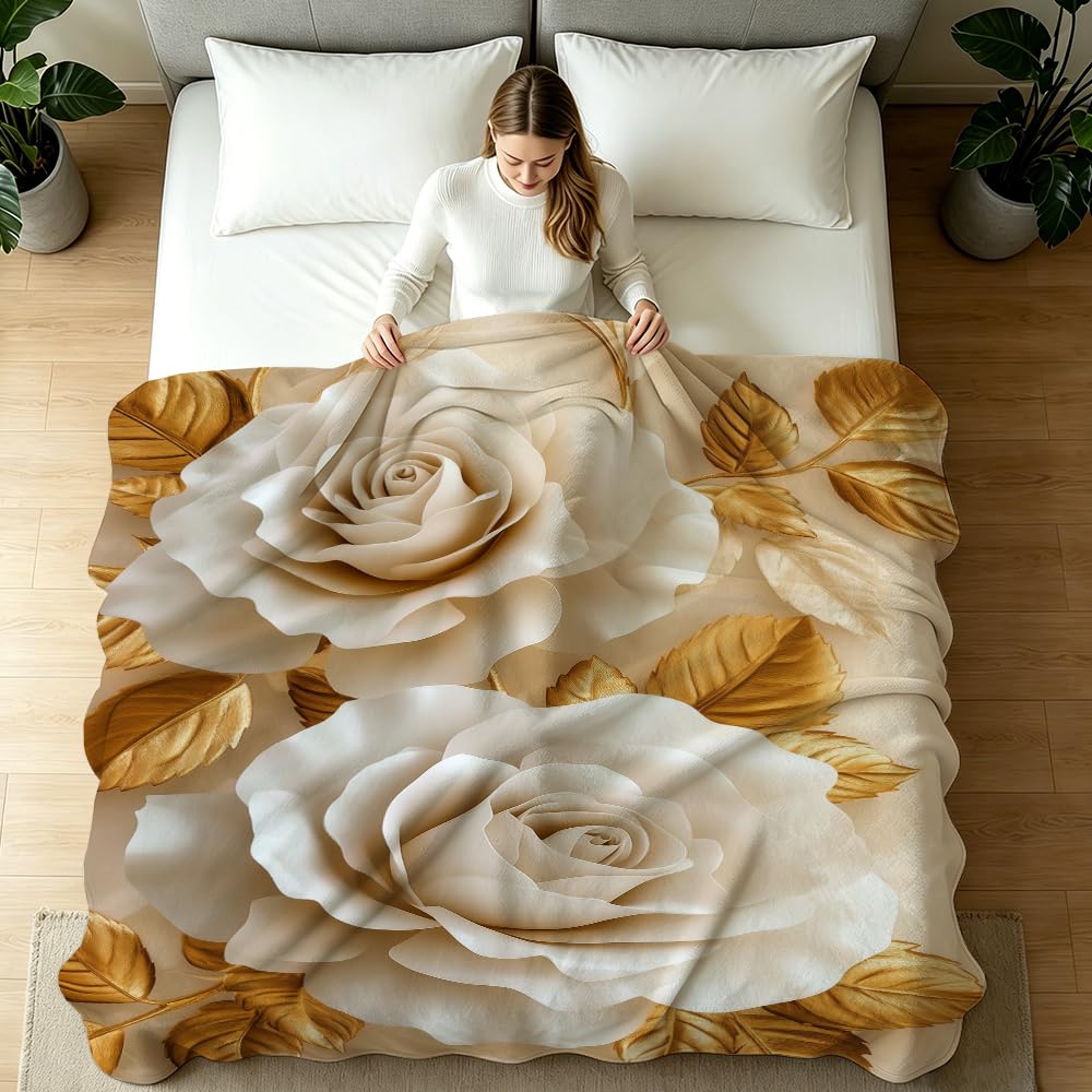 HUNXIAOJ Flower Print Blanket White and Gold Throw Blanket White Floral Print Flower Bedding Warm Soft Flannel for Adults Bed Sofa Couch (49in x 59in)