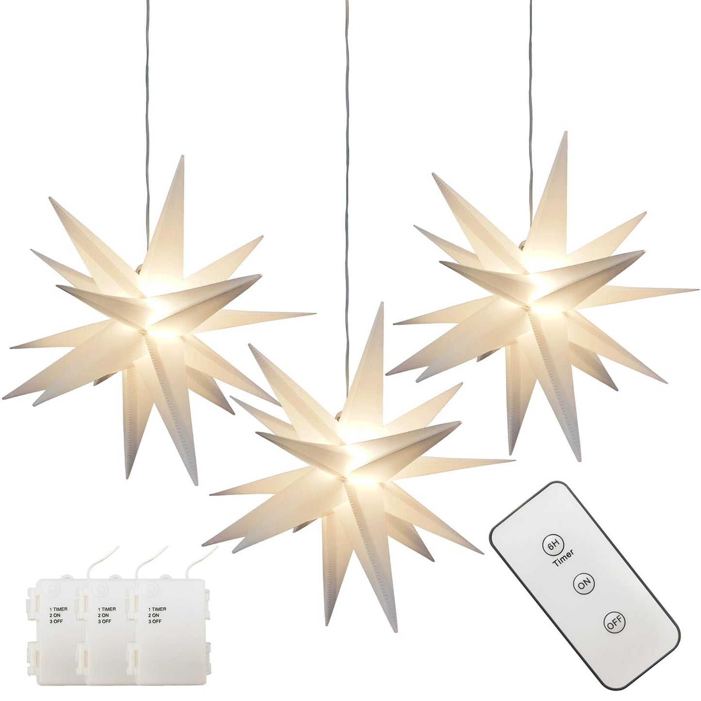 Leejec 13.3" Moravian Star Outdoor Light with Remote Control, Christmas Decorations, Indoor Hanging, Warm White LED Light, Battery Operated with Timer Function, 3-Pack, Tree, Ceiling, Balcony Decor