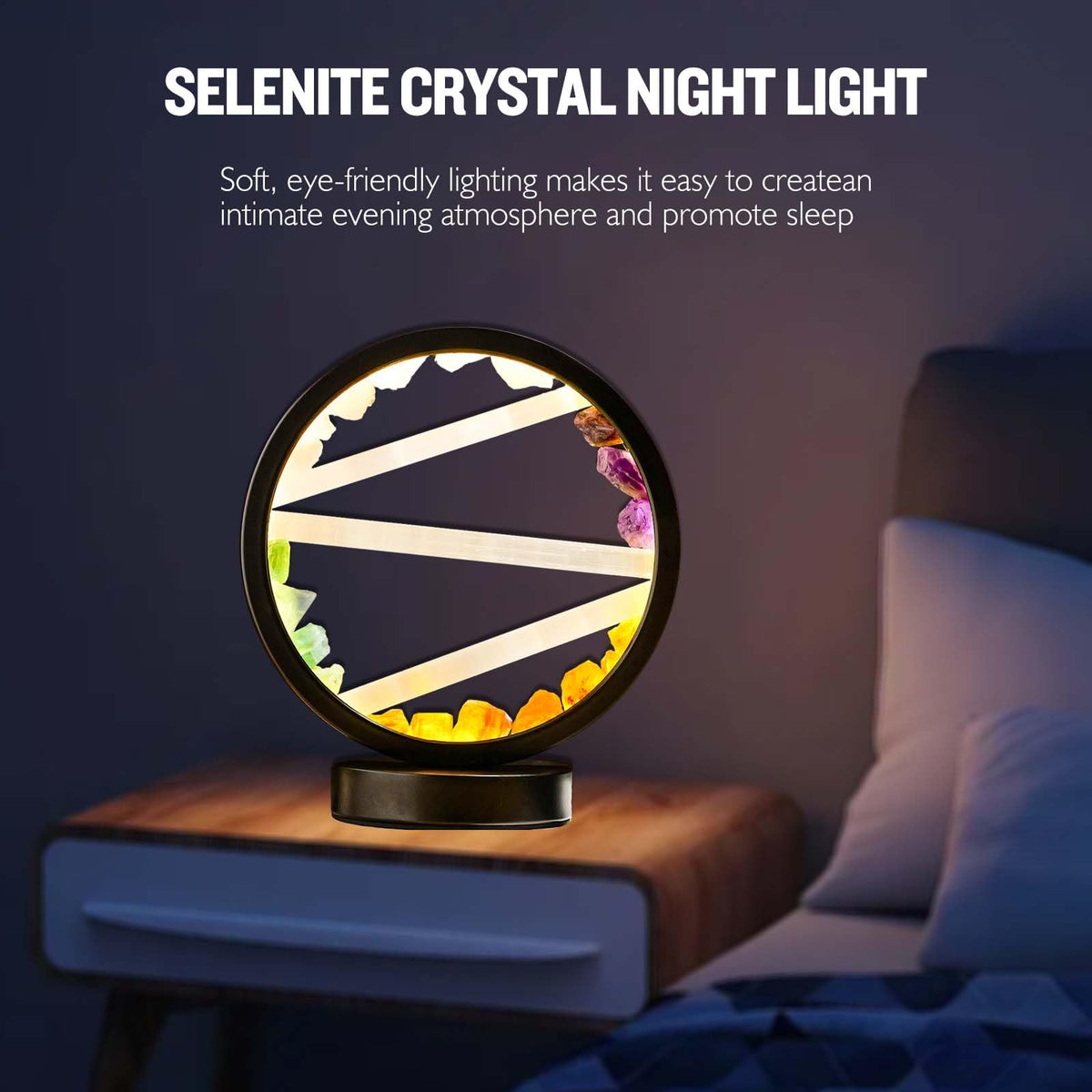 Runyangshi Crystal Table Lamp Night Light Natural Selenite & Colour Crystal Raw Stone Bedside Lamp with 3 Adjustable Light Colours Suitable for Home Decoration, Bedroom Office Desk Lighting
