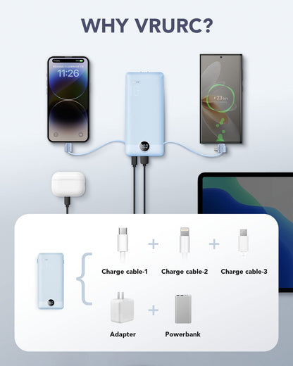 VRURC Portable Charger Built-in Cables and AC Wall Plug, USB C Power Bank 10000mAh, Travel Essentials Phone Charger Compact Lightweight External Battery Pack for Smart Phones, Tablets etc-Pink