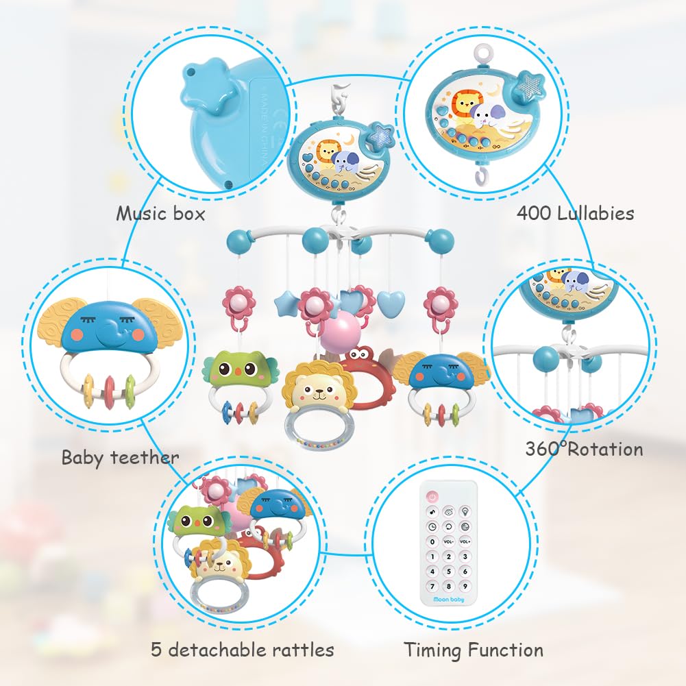 Aolso Baby Crib Toy, Baby Star Crib Mobile with Music and Lights, Cot Mobile Toy with Timing Function Projector and Remote Control, Baby Crib Toys for Boys Girls (Blue)