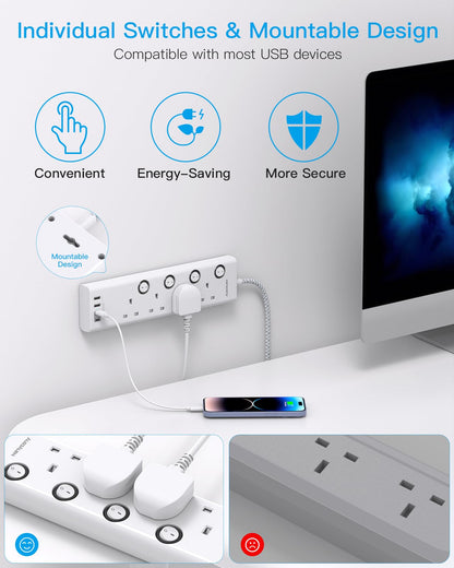 Extension Lead with USB Slots(2 USB C), HANYCONY 4 Way Plug Extension Socket with Individual Switches, 1.8M Extension Cable, Wall Mount Extension Cord, Desk Power Strip for Bedroom Office Accessories
